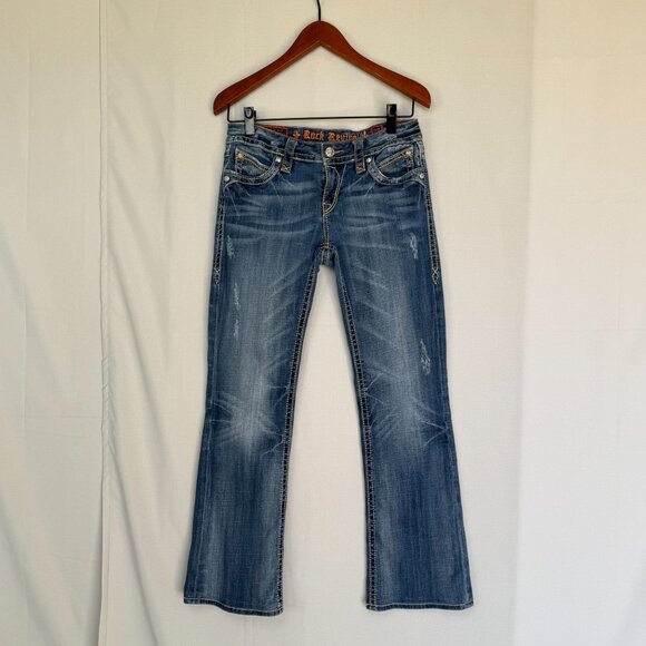 Rock Revival Cole Easy Boot Low Rise Distressed  Embroidered Y2K Jeans Size 28 - Picture 1 of 16
